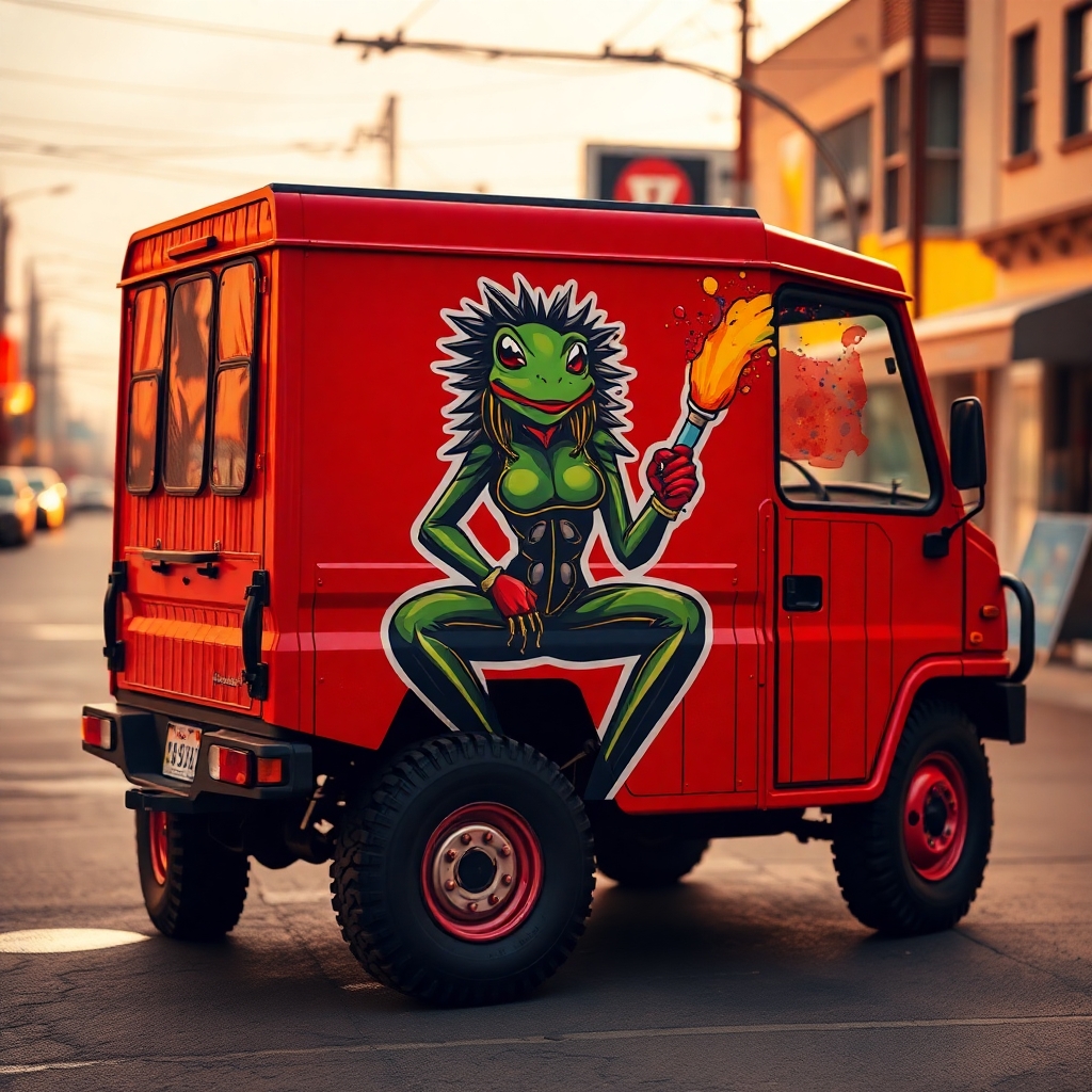 Camionnette rouge décorée d’une illustration personnalisée – marquage publicitaire par FTM PUB