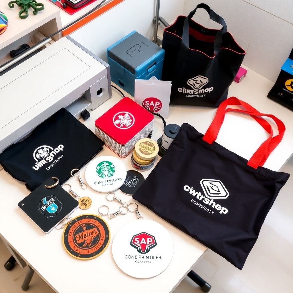 Objets publicitaires variés : tote bags, porte-clés, sous-verres personnalisés – FTM PUB