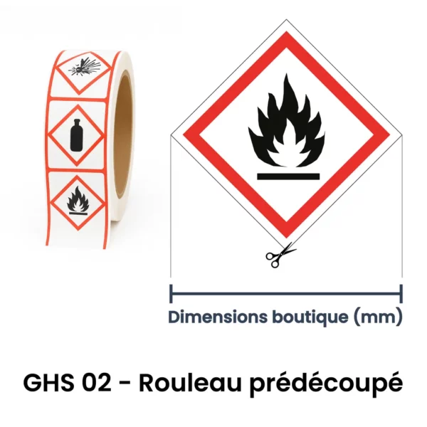 Étiquette GHS02 – Pictogramme inflammable sur rouleau prédécoupé