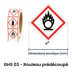 Étiquette GHS03 – Pictogramme comburant sur rouleau prédécoupé