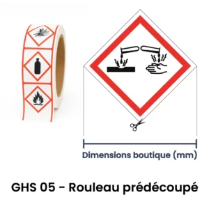 Étiquette GHS05 – Pictogramme corrosif sur rouleau prédécoupé