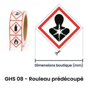 Étiquette GHS08 – Pictogramme cancérogène / mutagène CMR sur rouleau prédécoupé