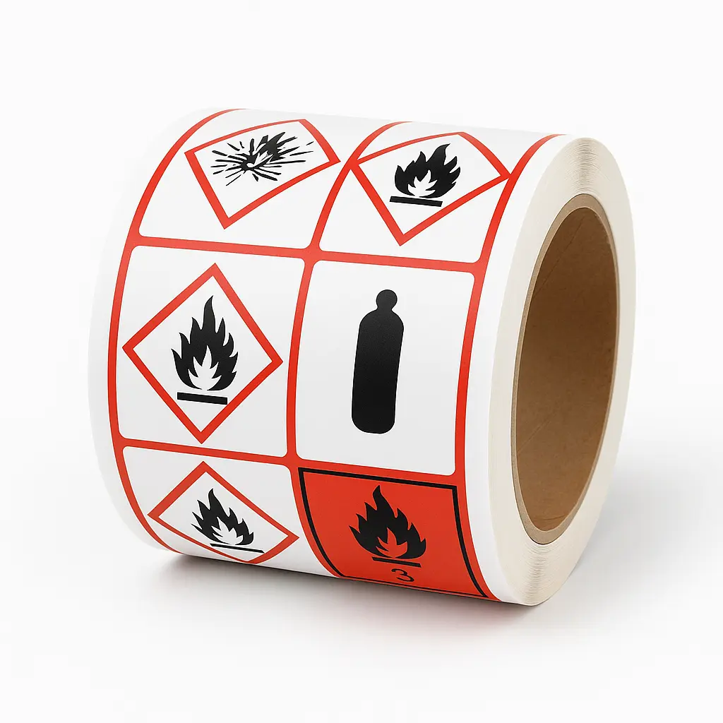 Rouleaux de pictogrammes ISO 7010 et GHS – étiquettes adhésives pour signalisation chimique et industrielle