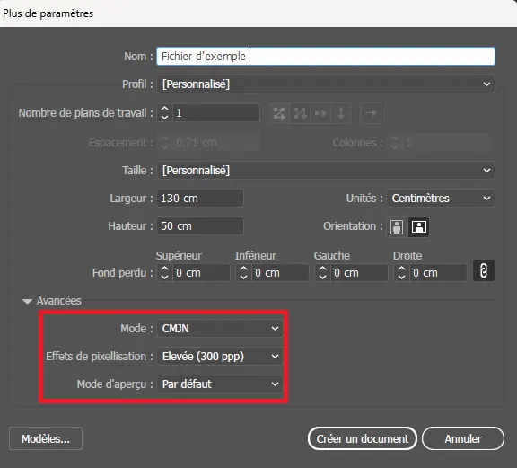 Réglages CMJN 300 ppi dans Illustrator avant export PDF