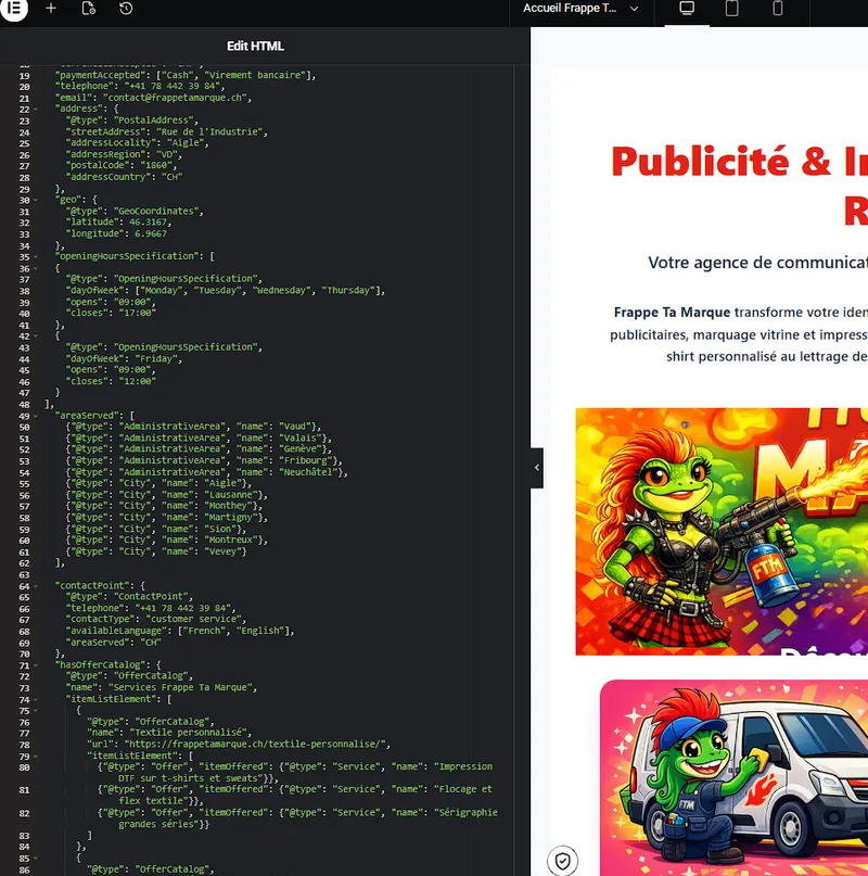 Code JSON-LD LocalBusiness intégré dans Elementor pour frappetamarque.ch