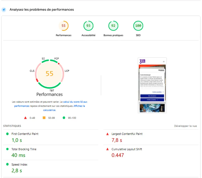 Test PageSpeed Insights — score 55 pour un site métallurgie hébergé sur local.ch