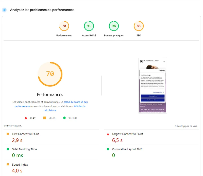Test PageSpeed Insights — score 70 pour le site Studio Créatif Capillaire sur local.ch