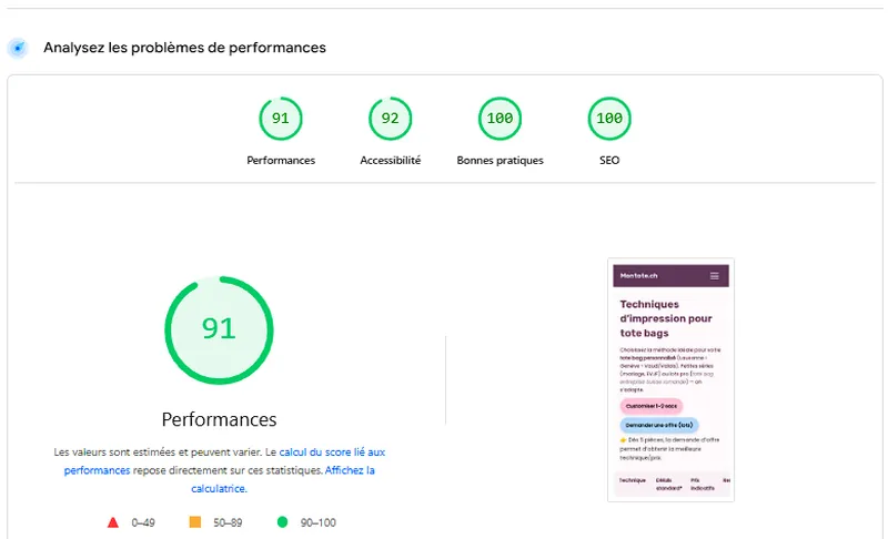 Test PageSpeed Insights — score 91 pour montote.ch développé par FTMPub