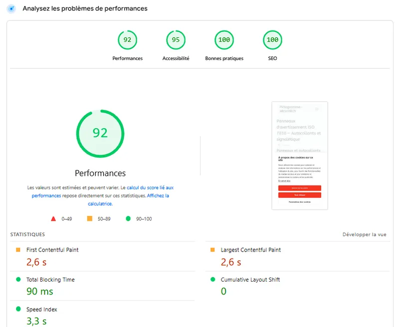 Test PageSpeed Insights — score 92 pour pictogramme-securite.ch développé par FTMPub