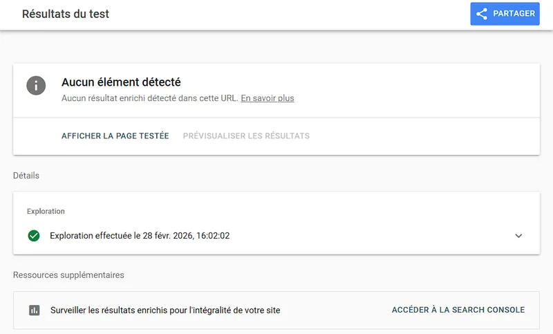 Test Google Rich Results — aucune donnée structurée détectée sur un site local.ch