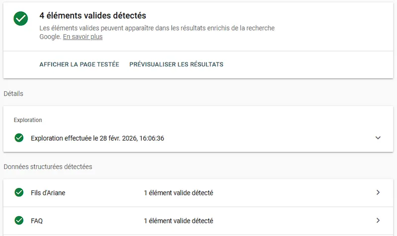 Test Google Rich Results — FAQ et fil d'Ariane validés pour frappetamarque.ch