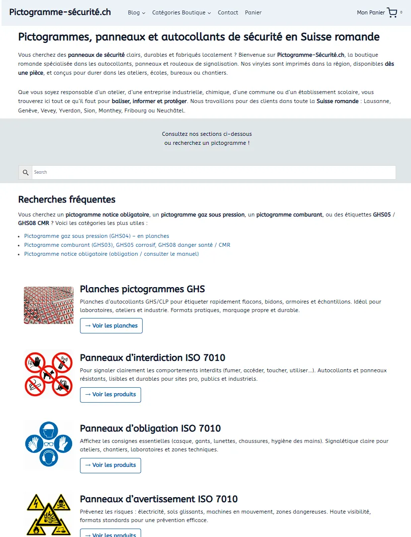 Boutique WooCommerce pictogrammes de sécurité ISO 7010 — Suisse romande