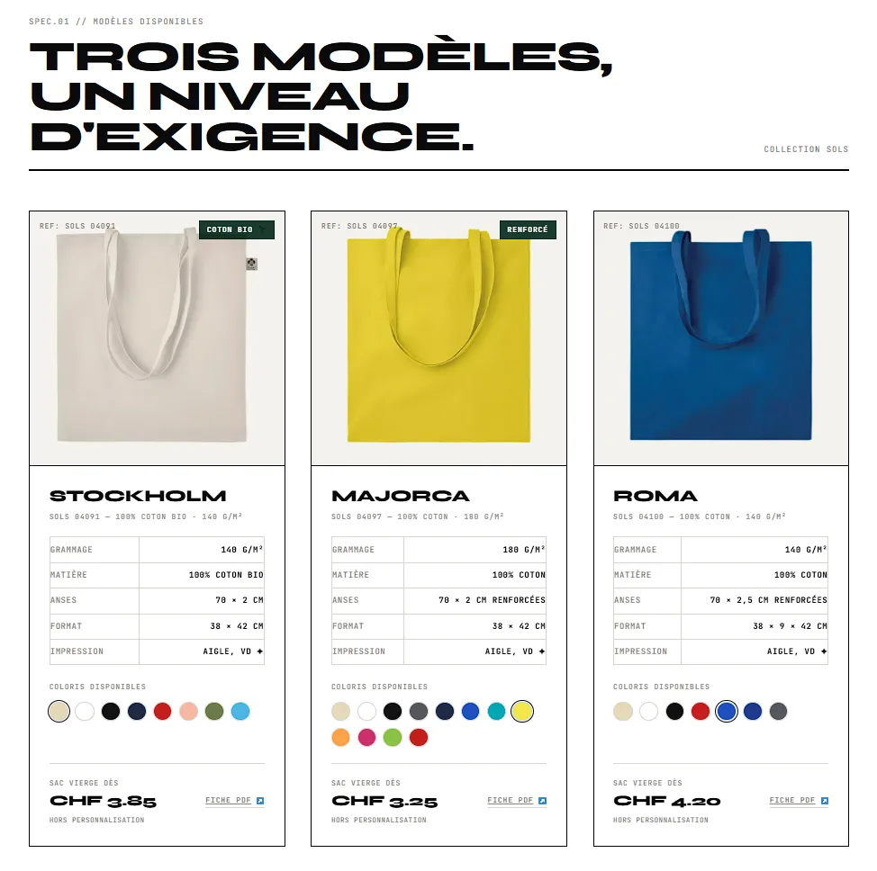 Catalogue tote bags personnalisés entreprise montote.ch - design brutalisme éditorial WordPress Elementor - agence web FTMPUB Valais Suisse romande