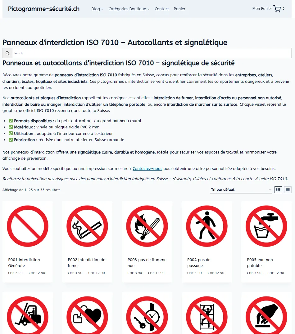 Page categorie boutique WooCommerce pictogrammes securite ISO 7010 - architecture e-commerce agence web WordPress FTMPUB Valais Suisse romande