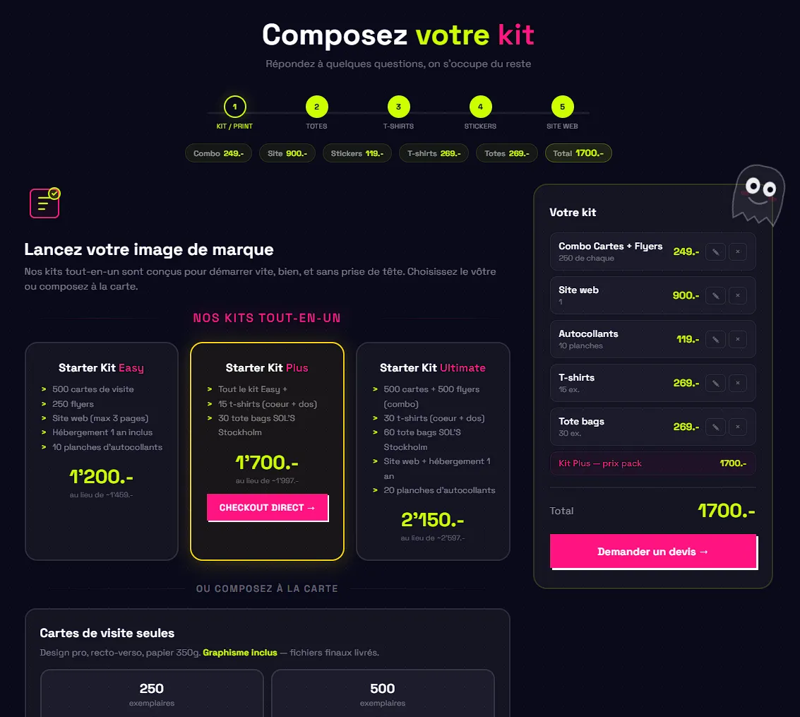 Configurateur devis interactif monkitpme.ch - formulaire JavaScript multi-étapes kit lancement entrepreneur Suisse - agence web WordPress FTMPUB Valais