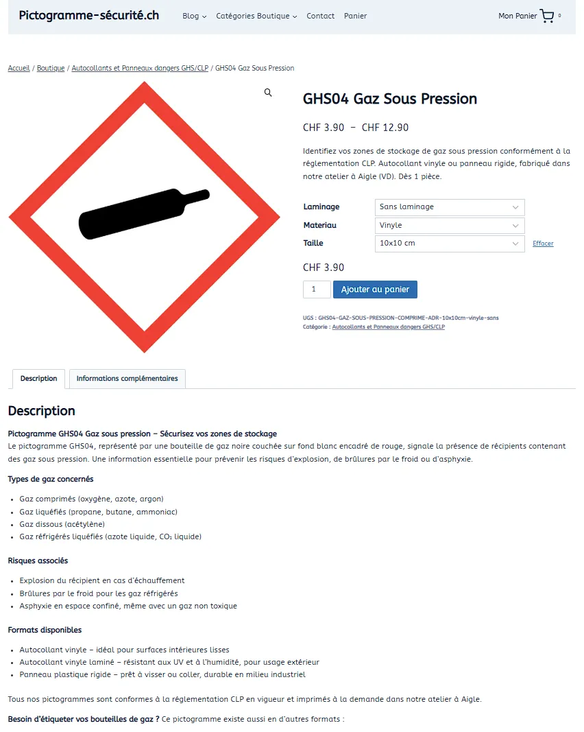 Fiche produit WooCommerce pictogramme securite ISO 7010 - schema.org Product prix disponibilite - boutique e-commerce FTMPUB Valais