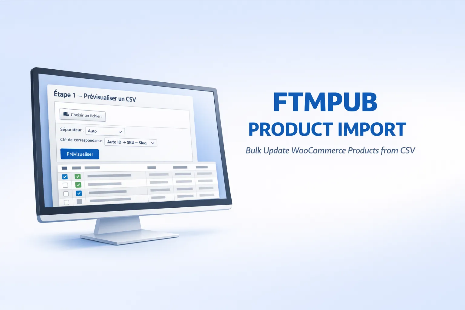FTMPUB Product Import from CSV — interface du plugin dans l'admin WordPress pour modifier descriptions, slugs et champs Yoast SEO en masse