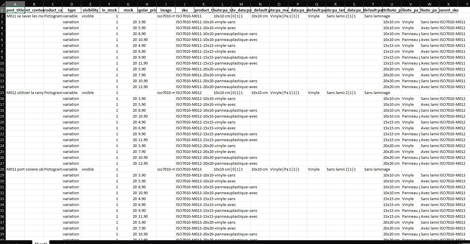 Import CSV creation fiches produits WooCommerce pictogramme-securite.ch - integration produits e-commerce ISO 7010 - agence web WordPress FTMPUB Valais