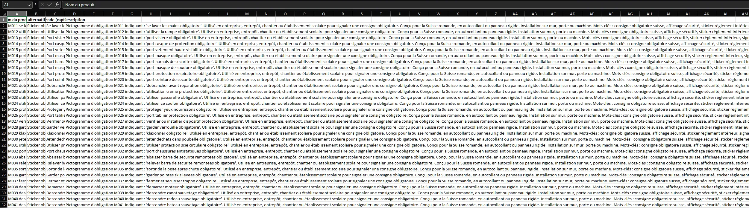 Import CSV meta SEO produits WooCommerce pictogramme-securite.ch - optimisation Yoast SEO titres descriptions keyphrases - FTMPUB Valais