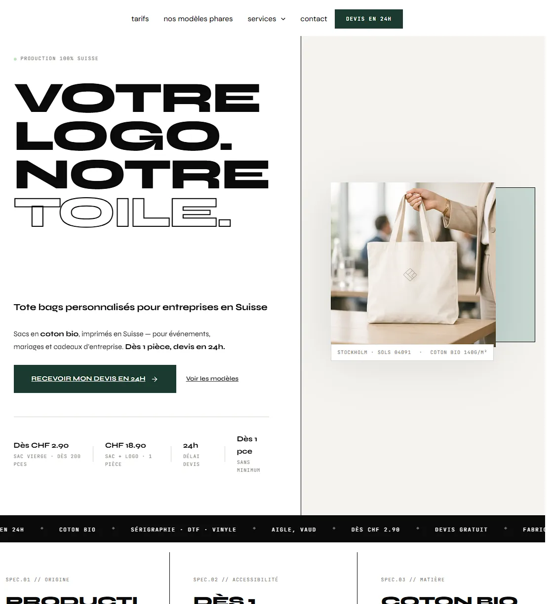 Boutique WooCommerce montote.ch — tote bags personnalisés B2B Suisse romande
