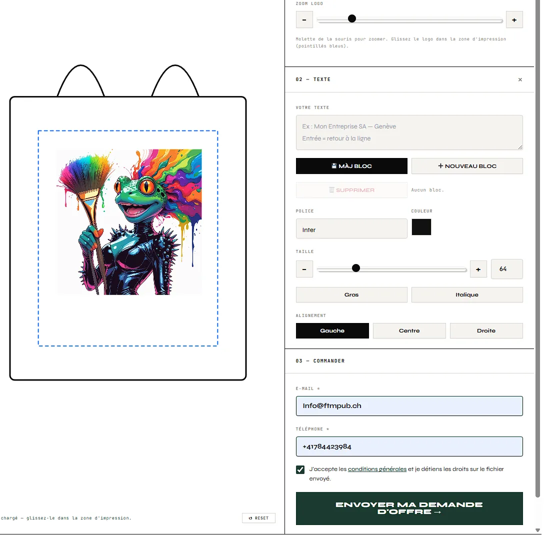 Configurateur de personnalisation tote bag en ligne montote.ch - formulaire devis interactif B2B WordPress - agence web WordPress FTMPUB Valais