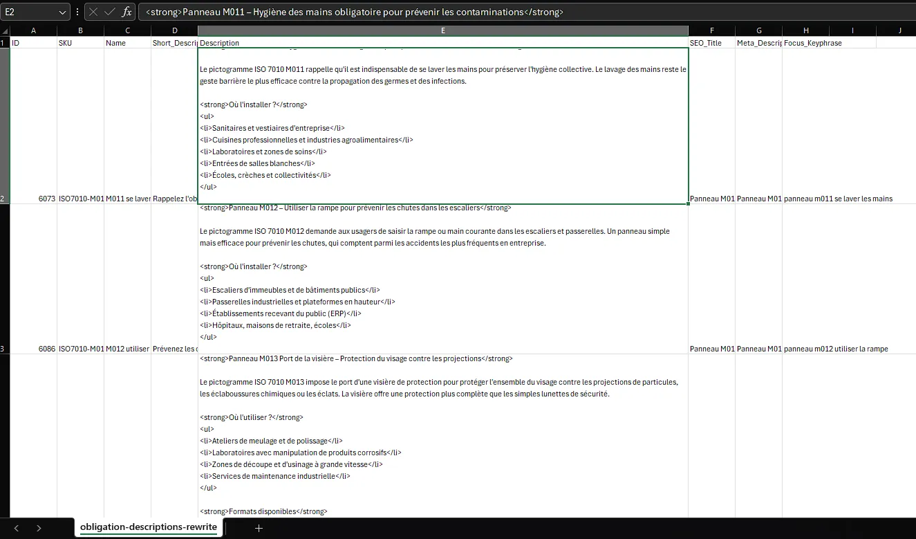 Optimisation CSV fiches produits WooCommerce pictogramme-securite.ch - structure donnees e-commerce ISO 7010 - agence WordPress FTMPUB