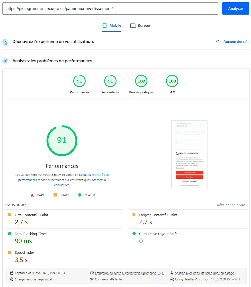 Scores PageSpeed blog WordPress pictogramme-securite.ch - performance Core Web Vitals boutique WooCommerce ISO 7010 - agence web FTMPUB Valais