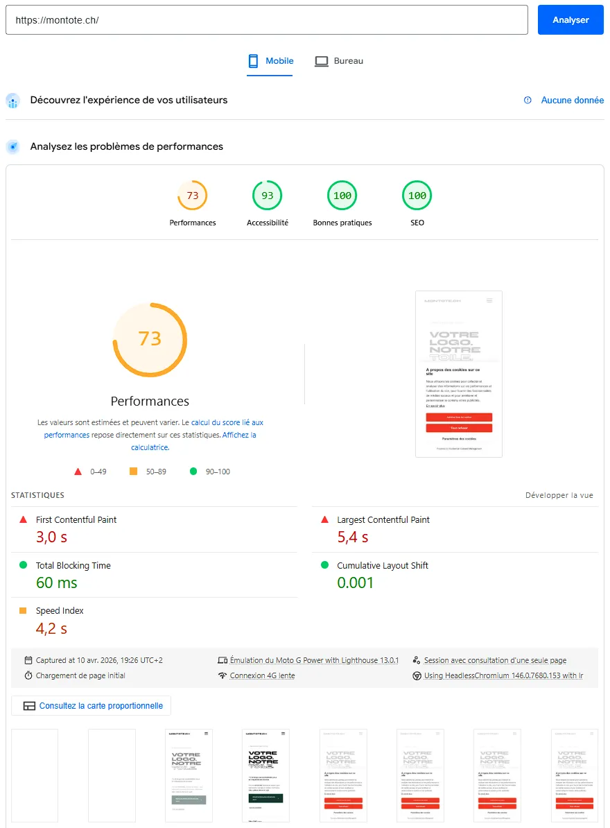 Scores PageSpeed WordPress montote.ch - boutique tote bags personnalisés Suisse - refonte agence web WordPress FTMPUB Valais