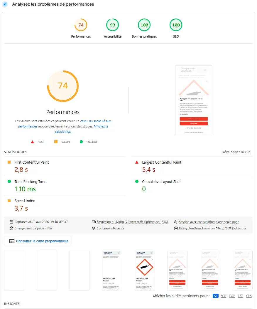 Performance fiche produit WooCommerce pictogramme-securite.ch - PageSpeed scores boutique e-commerce ISO 7010 - agence web WordPress FTMPUB Valais