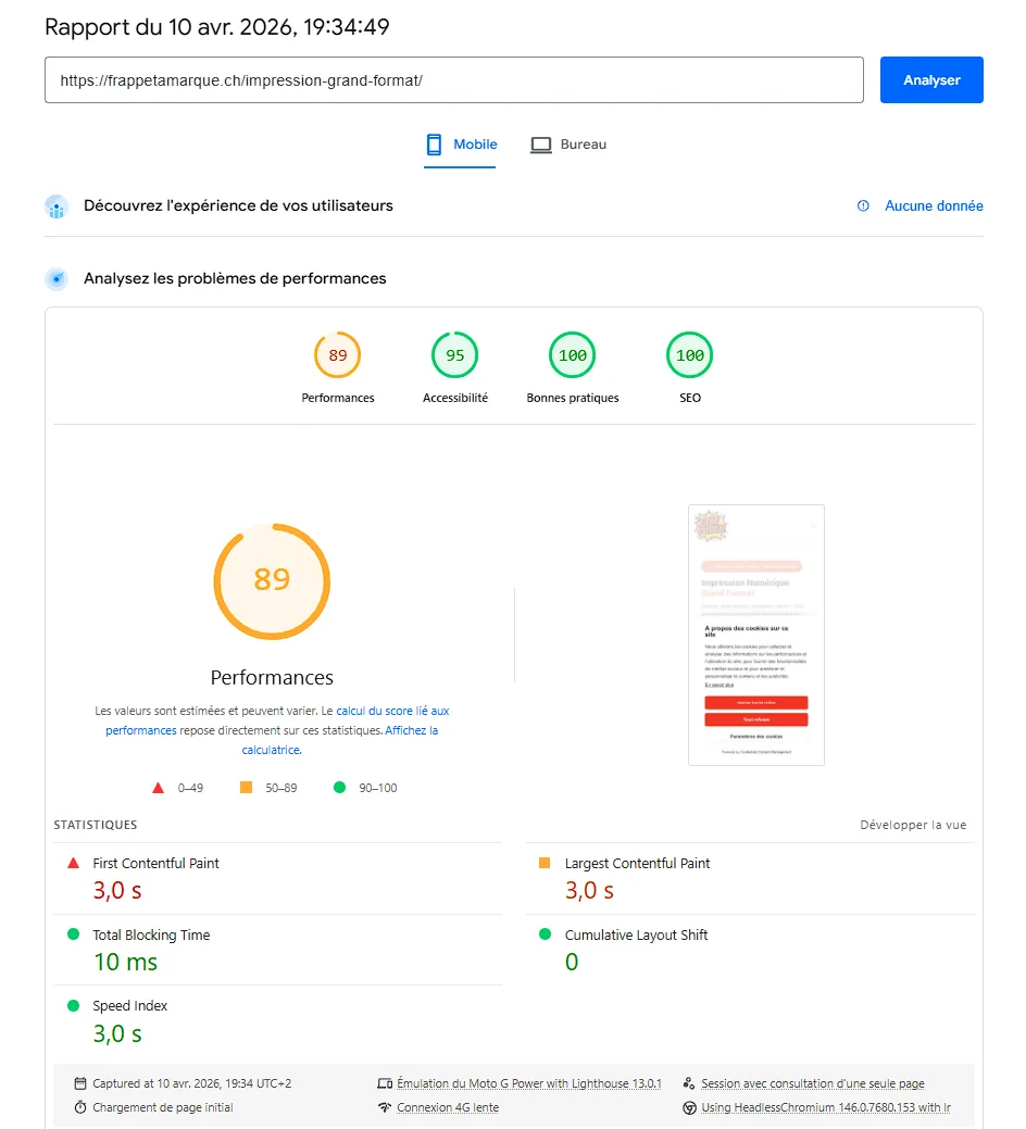 Scores PageSpeed Insights frappetamarque.ch - 89 Performance · 95 Accessibilité · 100 SEO - site WordPress imprimerie agence web FTMPUB Valais