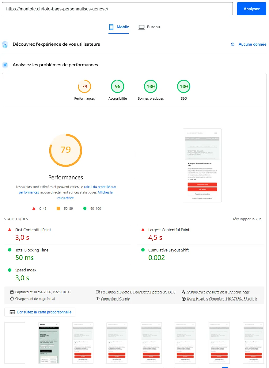 Performance site WordPress Elementor montote.ch - tote bags personnalisés B2B Suisse romande - agence web WordPress FTMPUB Valais