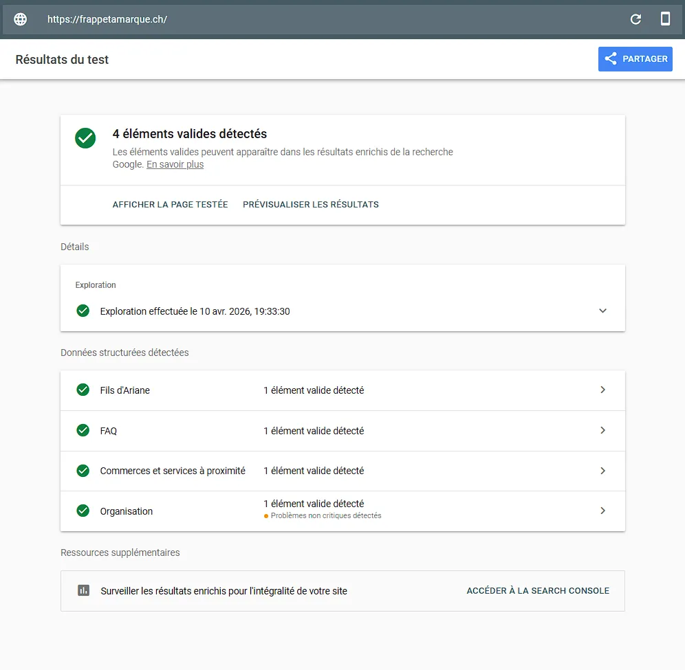 Résultats enrichis Google pour frappetamarque.ch - schema.org LocalBusiness WordPress - agence web WordPress FTMPUB Valais Suisse romande
