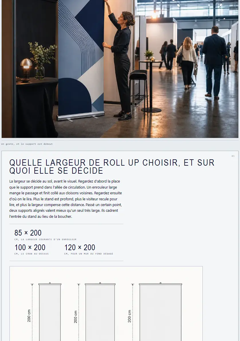 Page produit de marquetamarque.ch : photographie de salon, bloc de largeurs 85, 100 et 120 cm, puis schéma technique
