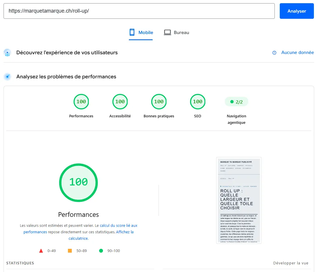 Rapport PageSpeed Insights mobile d'une page de marquetamarque.ch : 100 en performances, accessibilité, bonnes pratiques et SEO