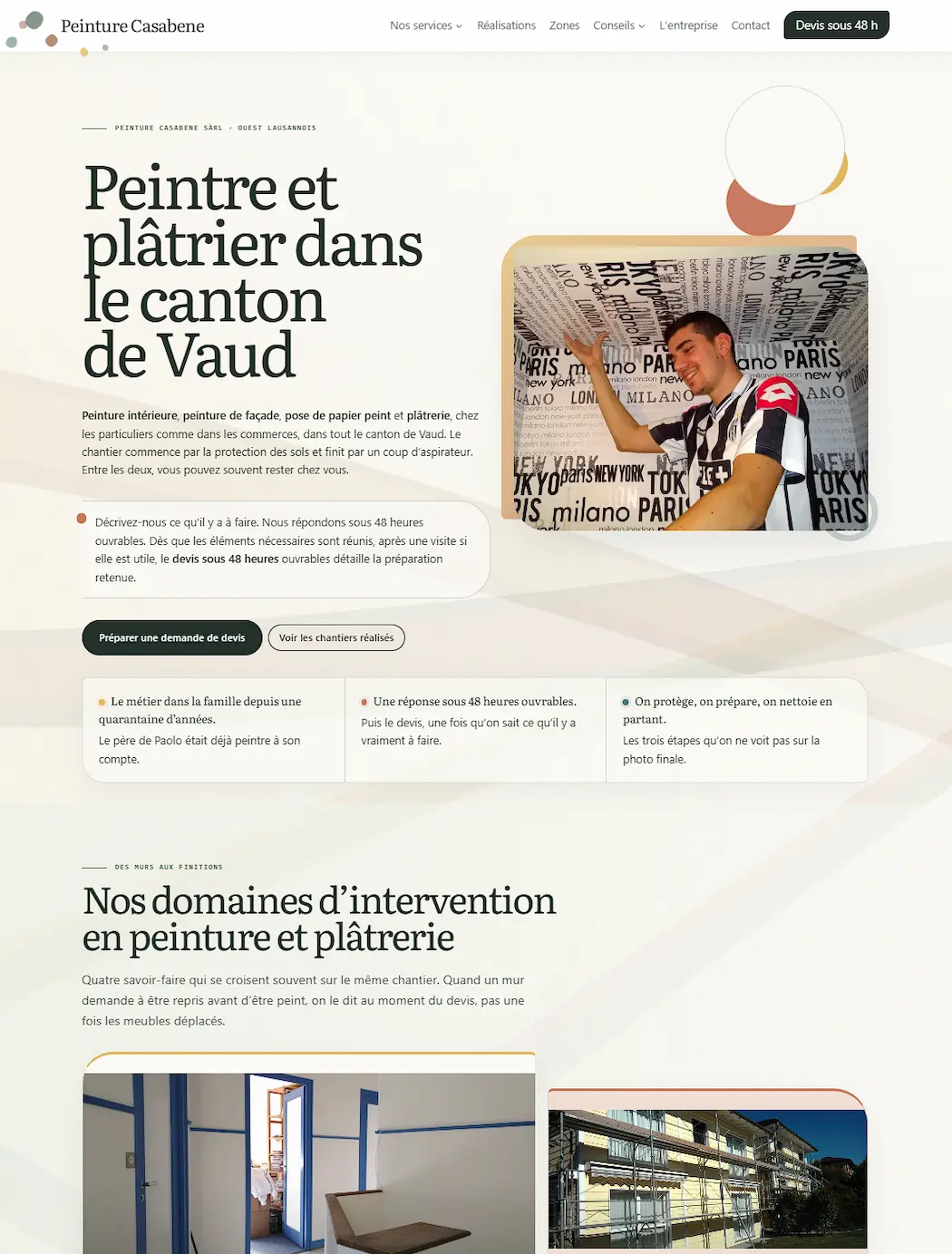 Page d'accueil du site de Peinture Casabene, peintre et plâtrier dans le canton de Vaud
